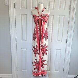 NWT Marine Layer Tropical Pink Bandeau Smocked Halter Tie Boho Maxi Dress Size L